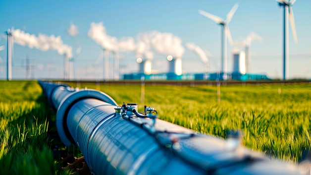 Pipeline de hidrogênio com turbinas eólicas ao fundo