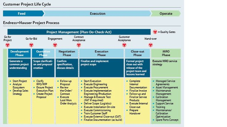 Gráfico mostrando o processo de negócios de projetos e Endress+Hauser