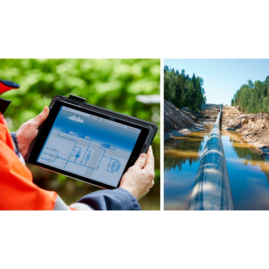 Imagem de um painel Netilion Water Network Insights e uma tubulação de água ao ar livre